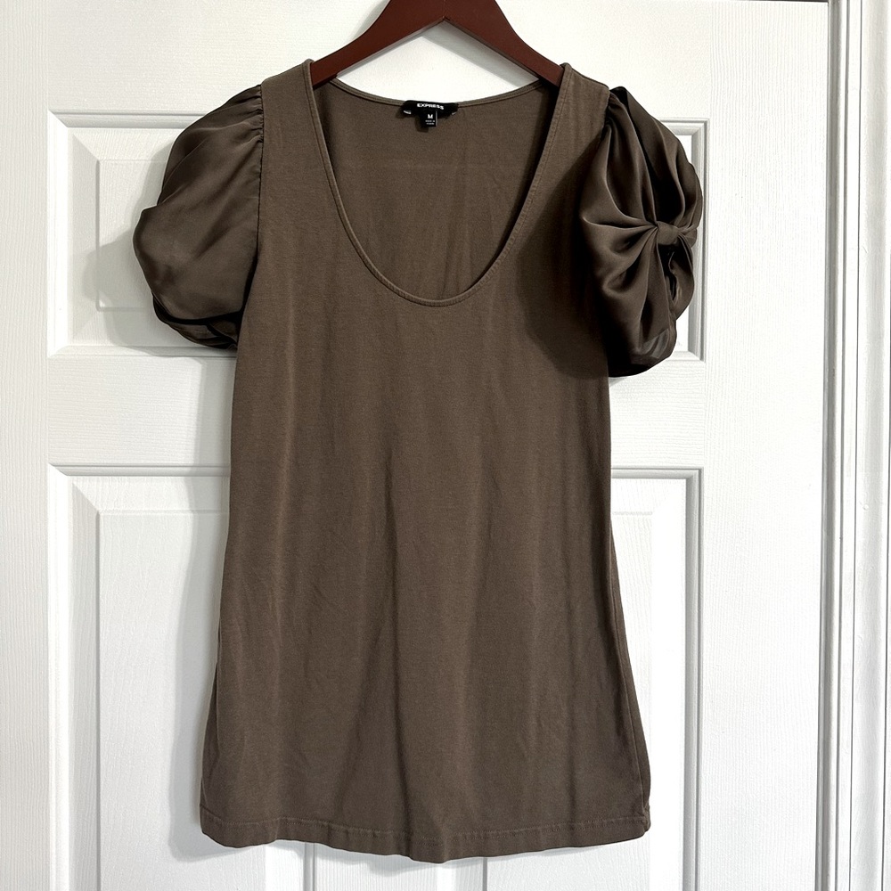 Women’s Medium Express Blouse Satin Bow Sleeve Detail Brownish Green